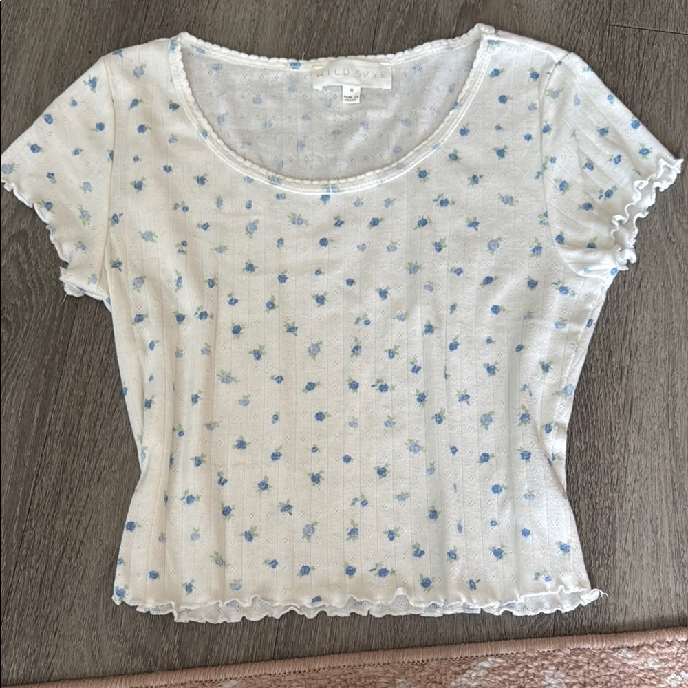 White and Blue Fitted Ribbed Short Sleeve Tee